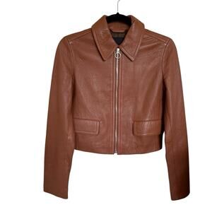Madewell Brown Lamb Leather Cropped Zip Jacket Women’s 00 Collared Moto